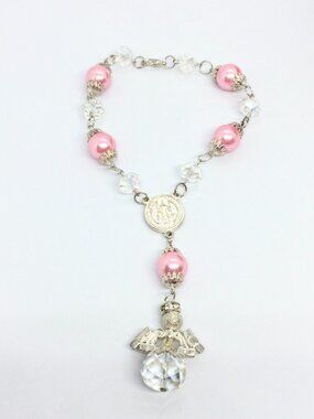 VINTAGE ROSARY BRACELET Catholic Pink Pearl Crystal Angel Charm Medal Dangle
